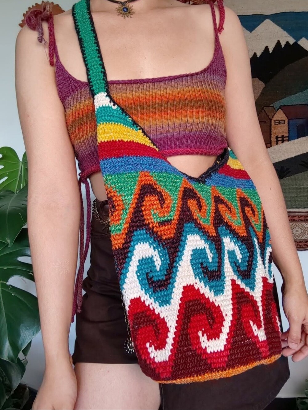 Boho Multicolor Crochet Wave Crossbody Bag - Vibrant Rainbow From Guatemala